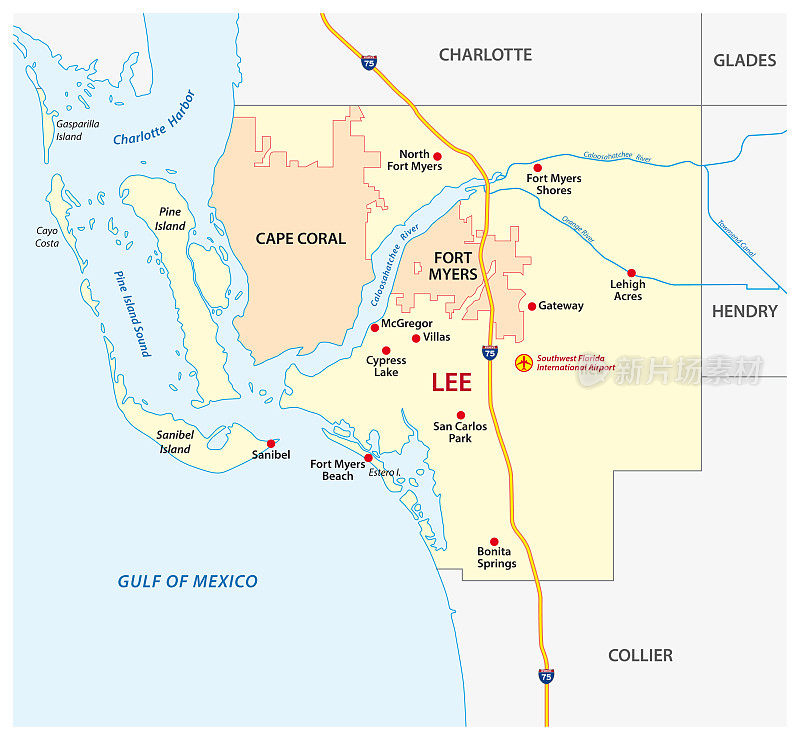 李县地图与Fort Myers和Cape Coral，佛罗里达，美国